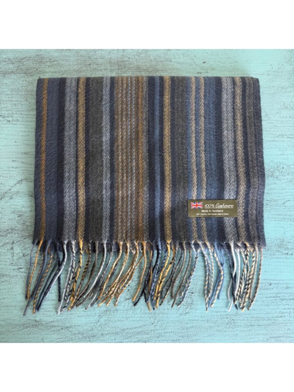 100% Cashmere Scarf Made In Scotland With Fringe Detail Blue Tones
